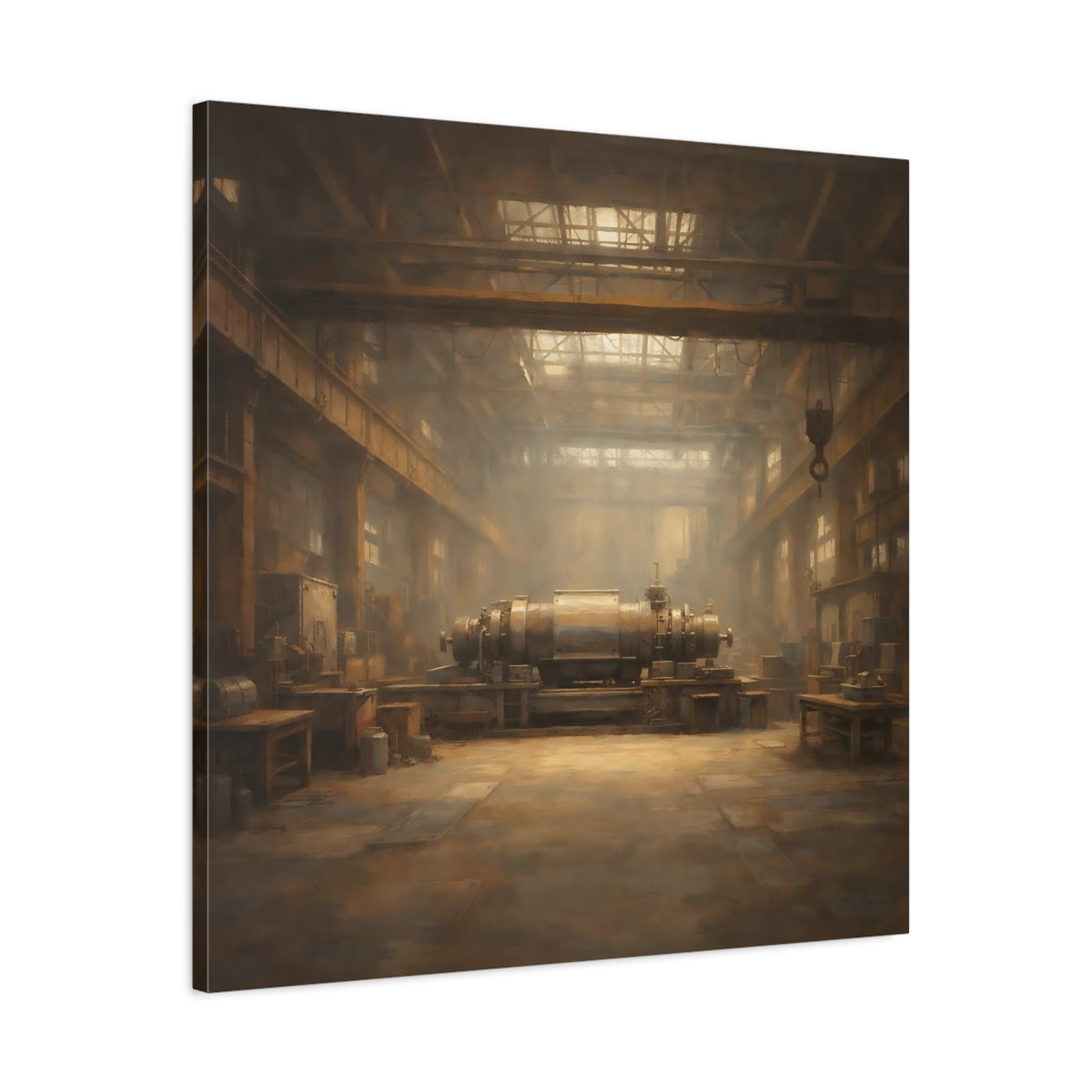Side Mockup 3. Vintage Industrial Machinery Brown And Gold shown as stretched canvas wall art