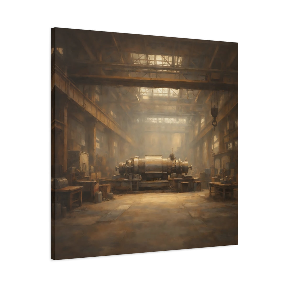 Side Mockup 2. Vintage Industrial Machinery Brown And Gold shown as stretched canvas wall art