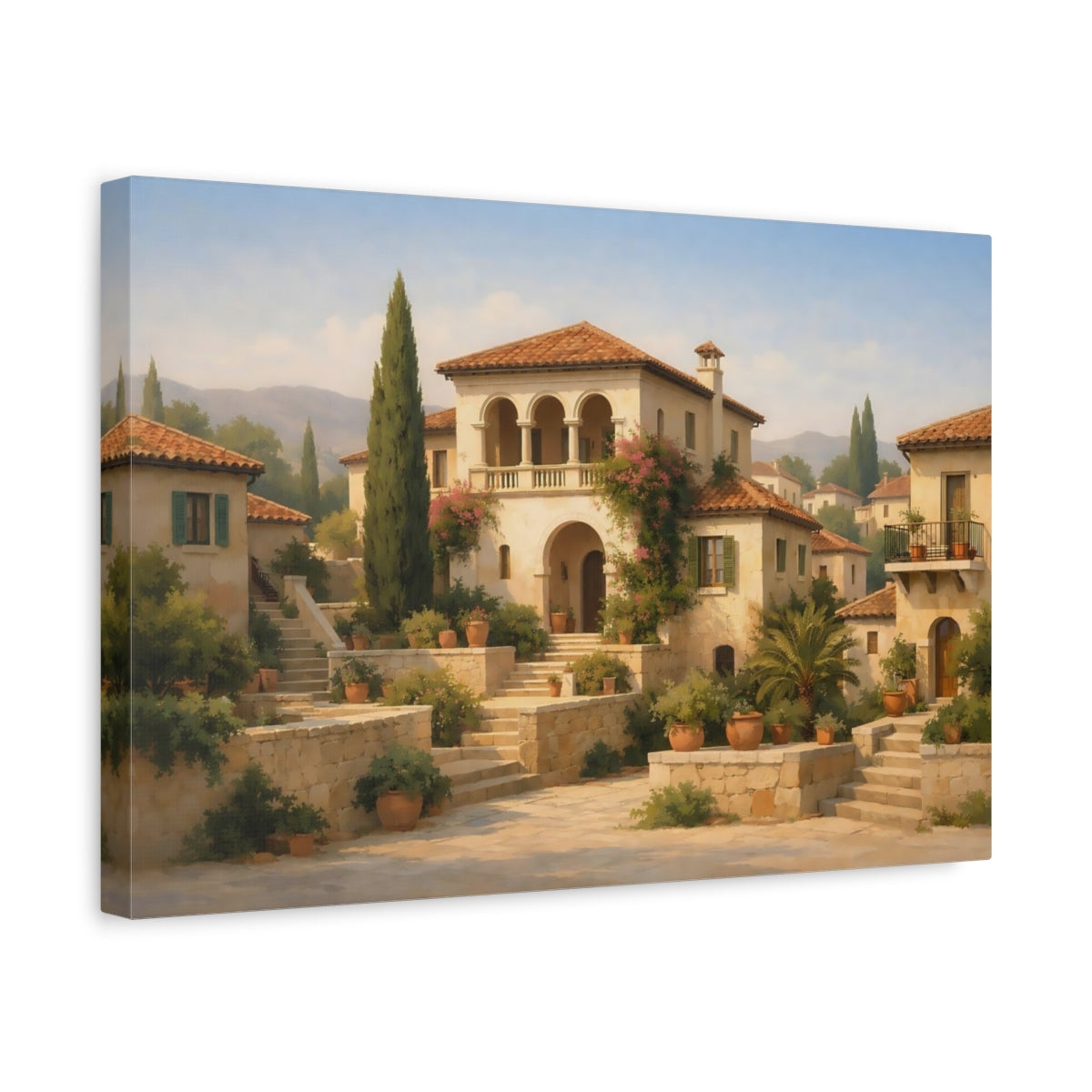 Vintage Mediterranean Houses Italian Village Nature - Canvas Wall Art Print