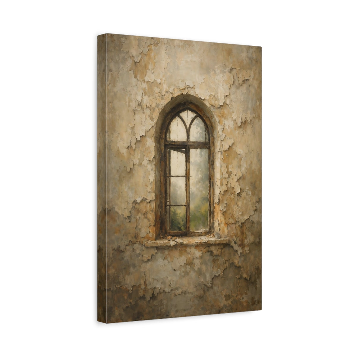 Side Mockup 4. Vintage Arched Window Brown Beige Wall shown as stretched canvas wall art
