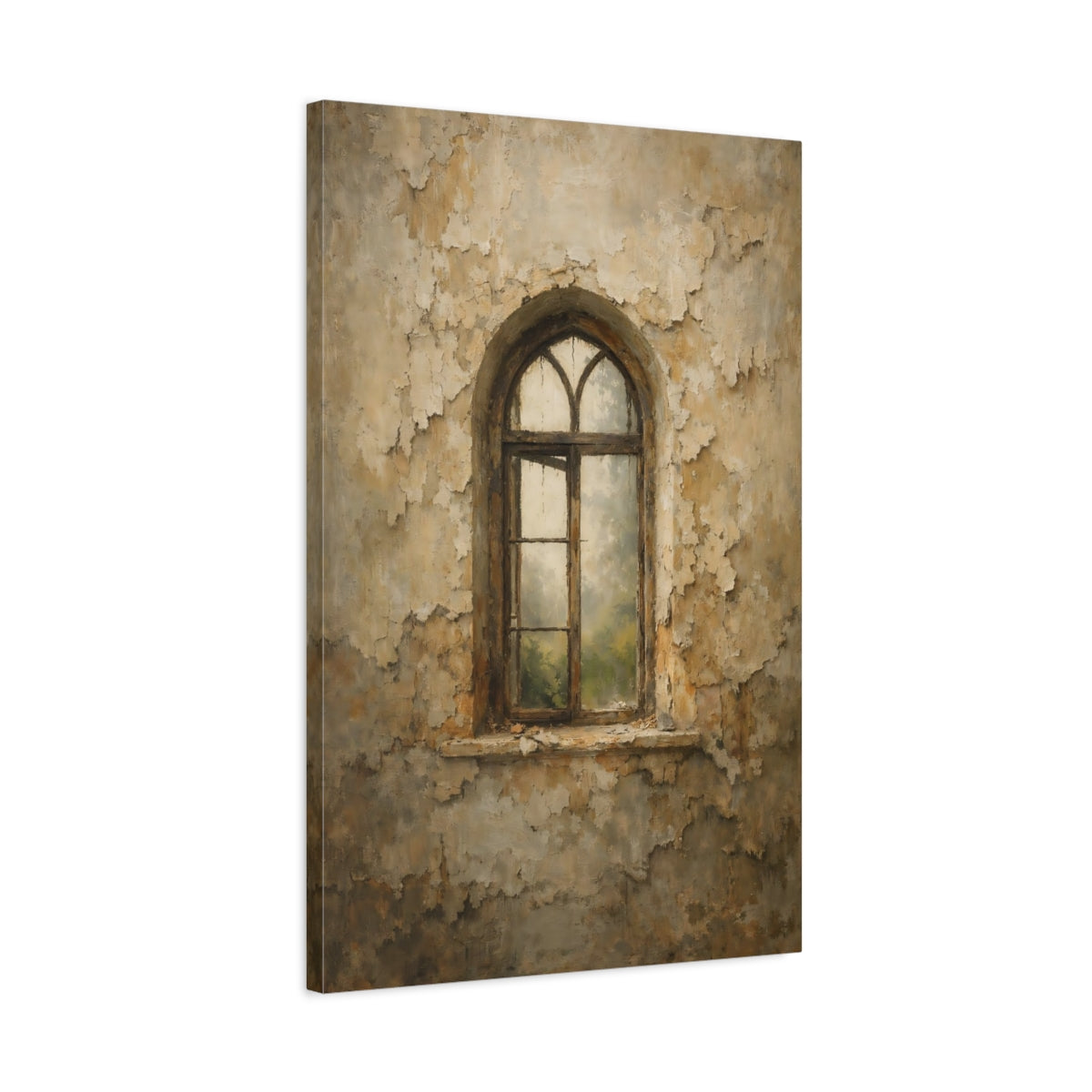 Side Mockup 2. Vintage Arched Window Brown Beige Wall shown as stretched canvas wall art