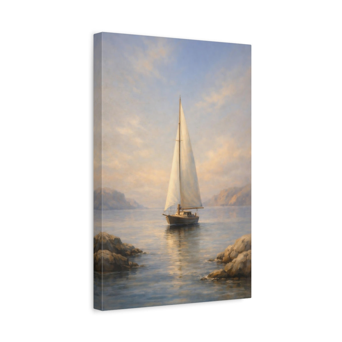 Side Mockup 4. Nature Sailboat Blue And Gold shown as stretched canvas wall art