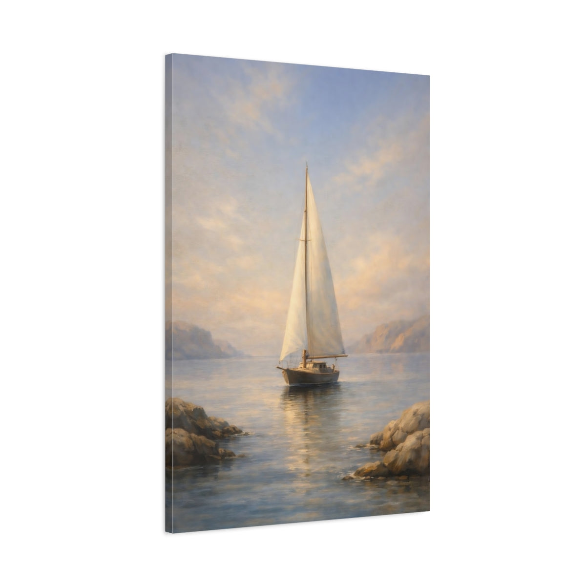 Side Mockup 1. Nature Sailboat Blue And Gold shown as stretched canvas wall art