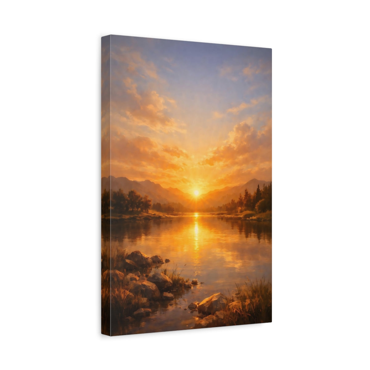 Side Mockup 4. Nature Sunset Lake Golden Sunset Lake shown as stretched canvas wall art