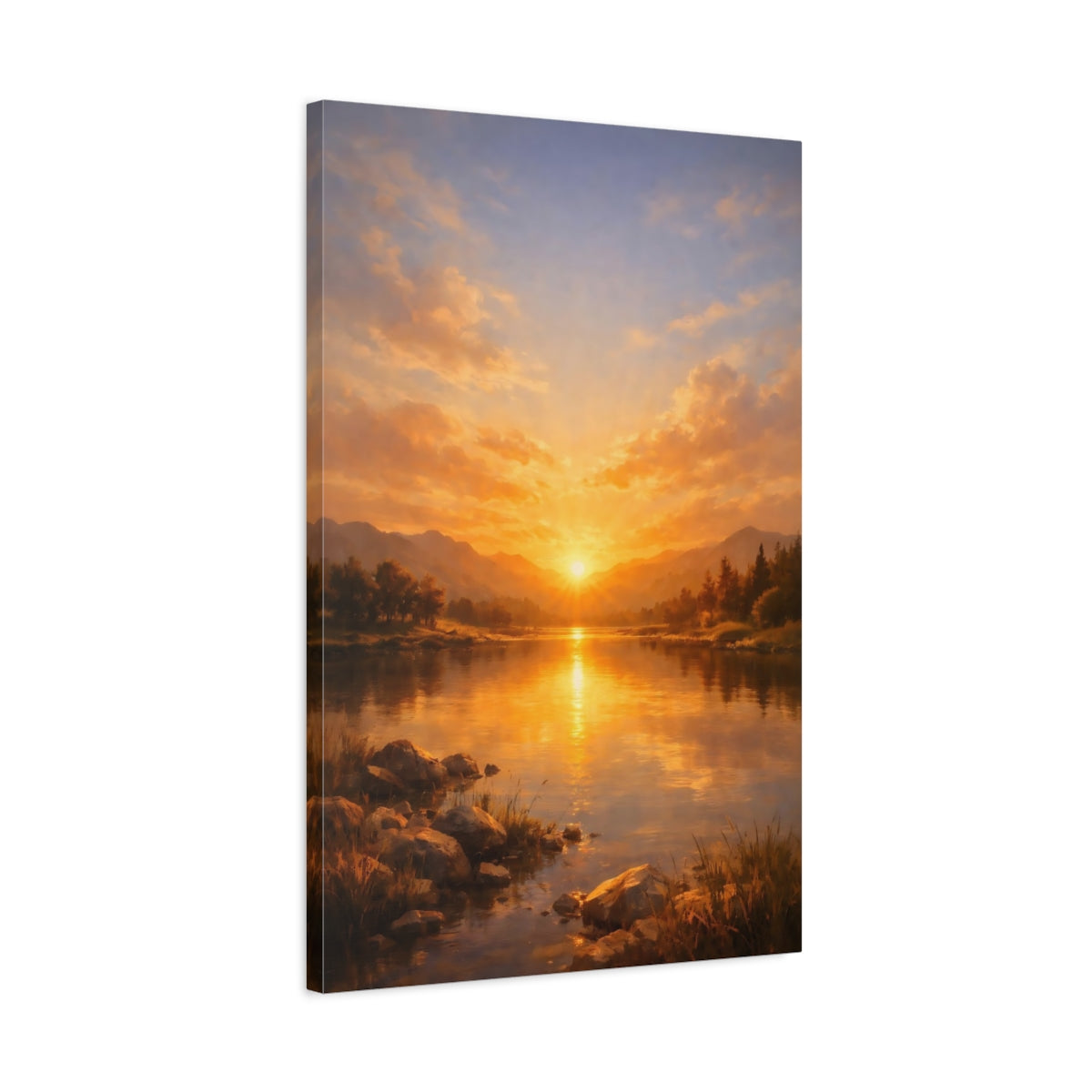 Side Mockup 2. Nature Sunset Lake Golden Sunset Lake shown as stretched canvas wall art