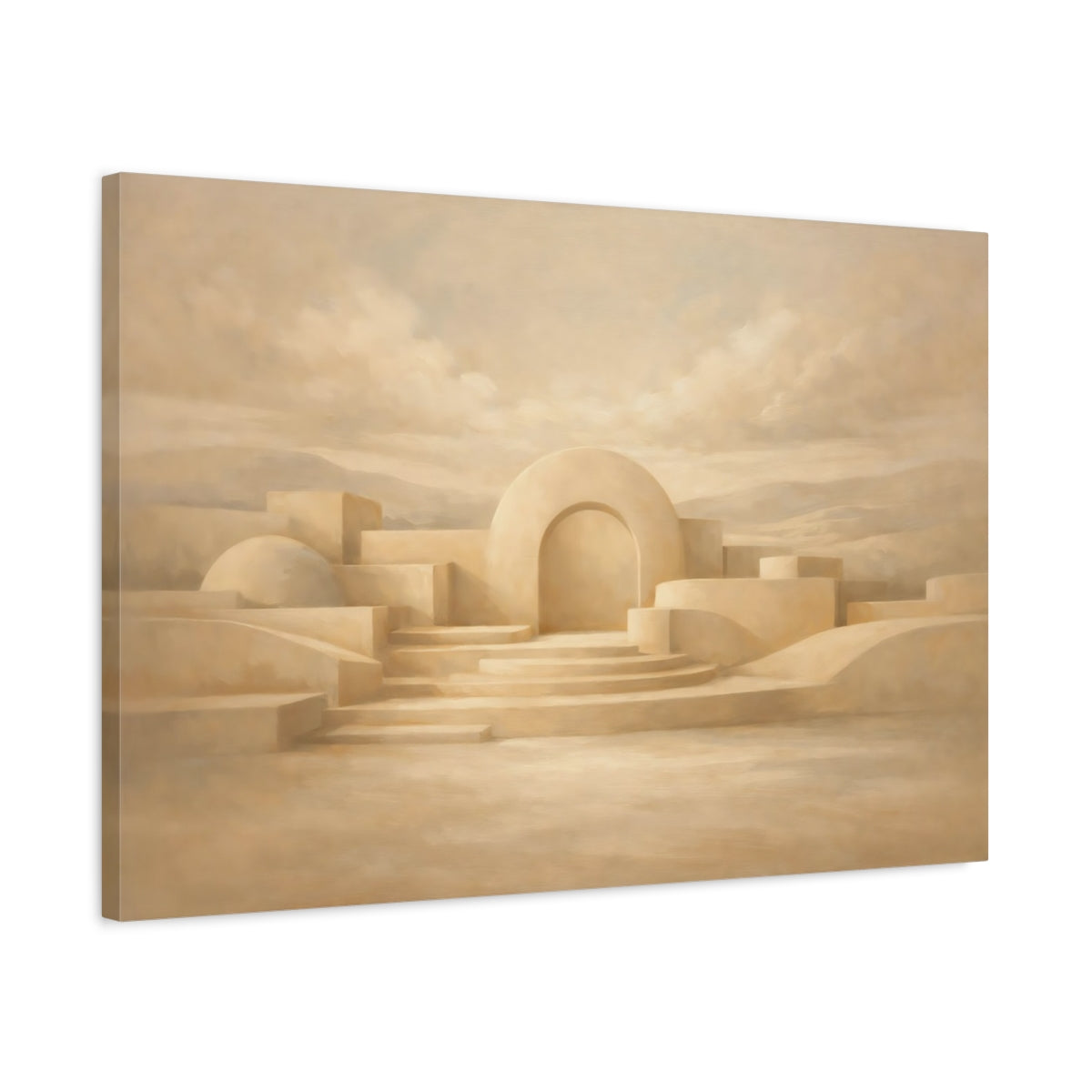Side Mockup 2. Dreamscape Warm Beige Sculpted Line Composition shown as stretched canvas wall art