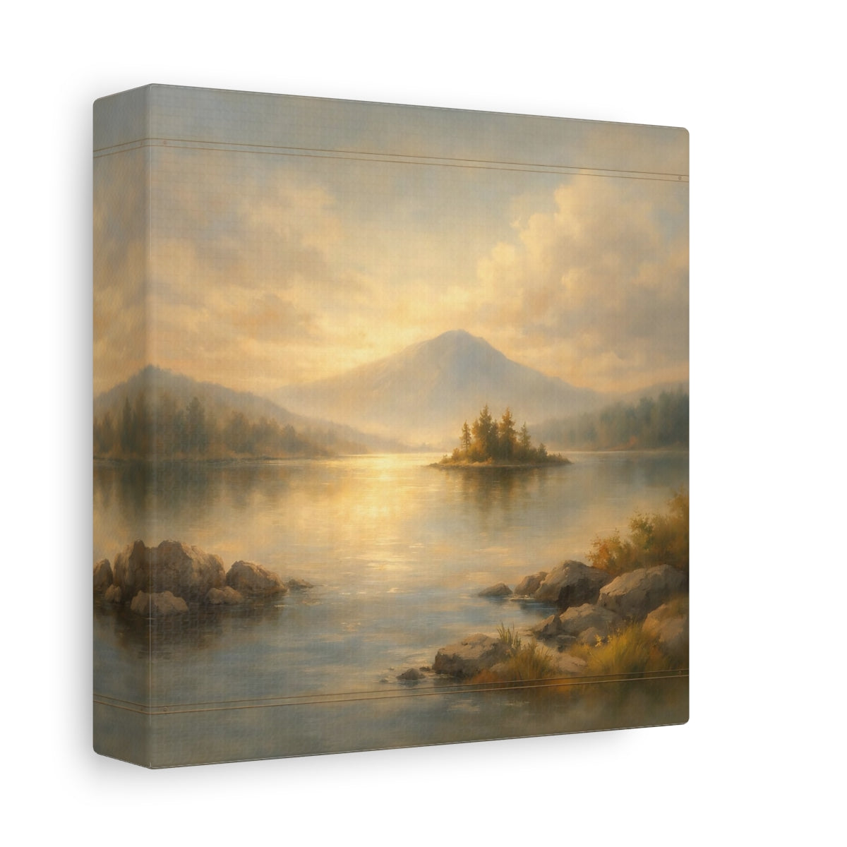 Side Mockup 1. Nature Mountain Lake Gold And Blue Landscape shown as stretched canvas wall art