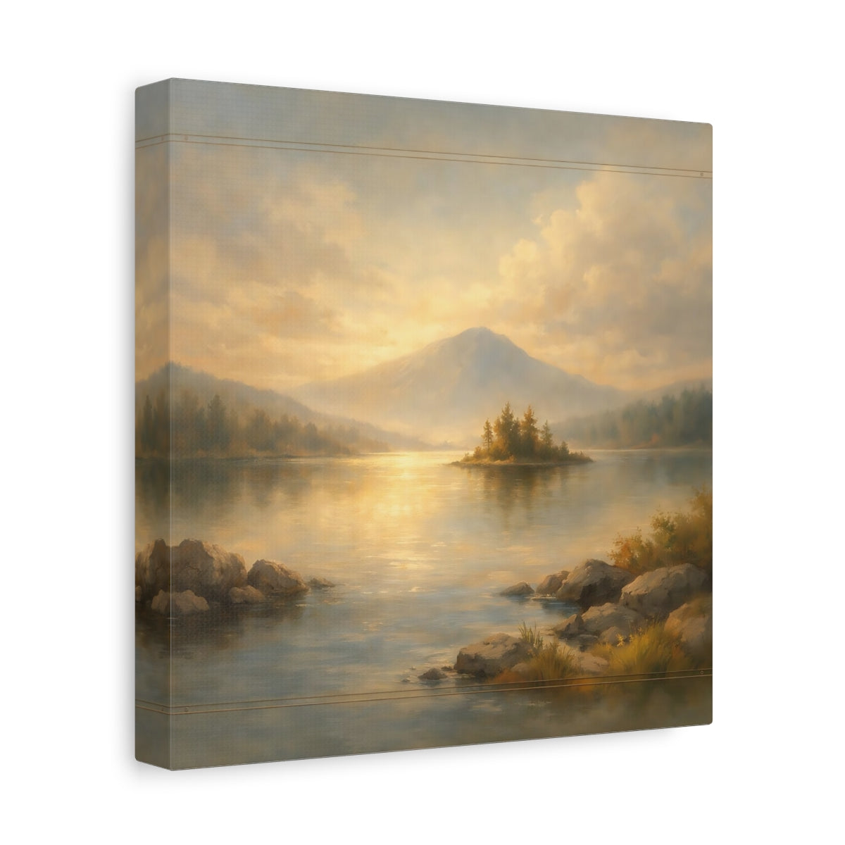 Side Mockup 9. Nature Mountain Lake Gold And Blue Landscape shown as stretched canvas wall art