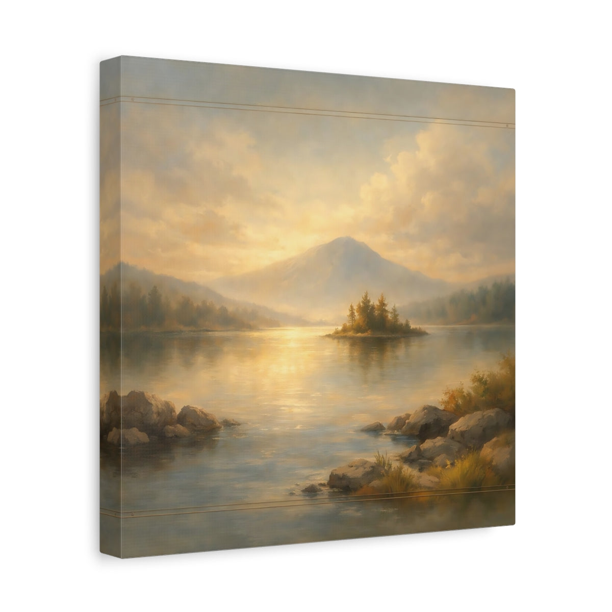 Side Mockup 8. Nature Mountain Lake Gold And Blue Landscape shown as stretched canvas wall art