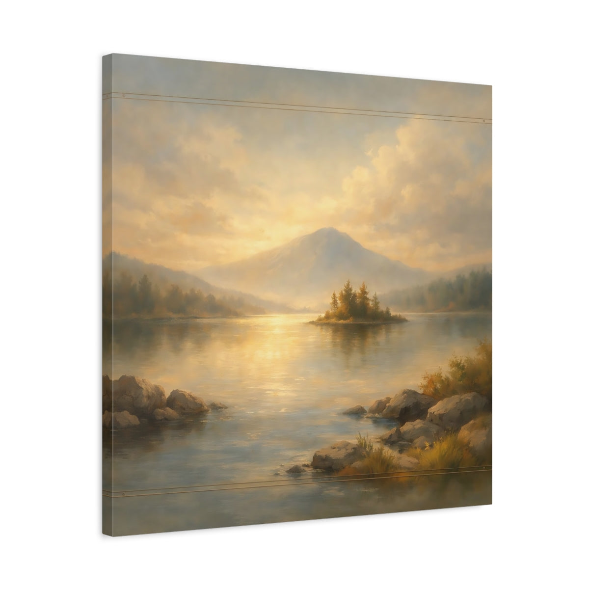 Side Mockup 4. Nature Mountain Lake Gold And Blue Landscape shown as stretched canvas wall art