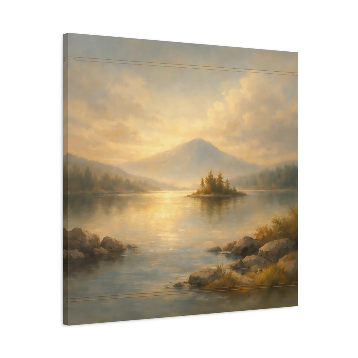 Side Mockup 3. Nature Mountain Lake Gold And Blue Landscape shown as stretched canvas wall art