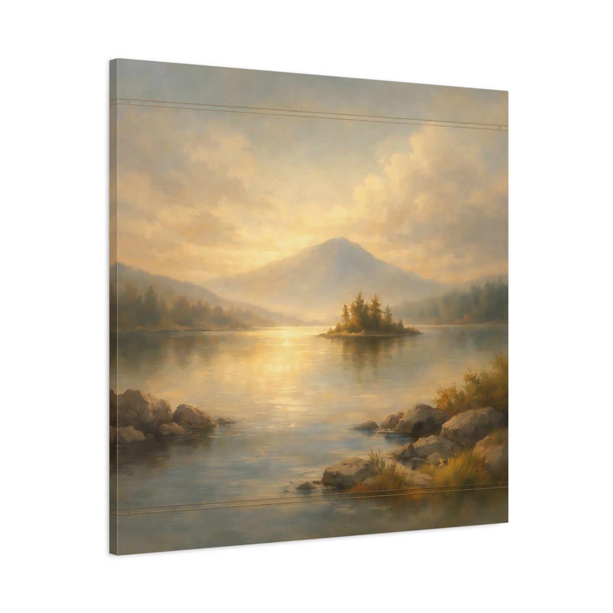 Side Mockup 2. Nature Mountain Lake Gold And Blue Landscape shown as stretched canvas wall art