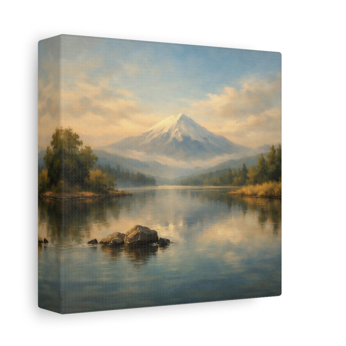 Side Mockup 1. Nature Snowy Mountain Blue And Gold shown as stretched canvas wall art