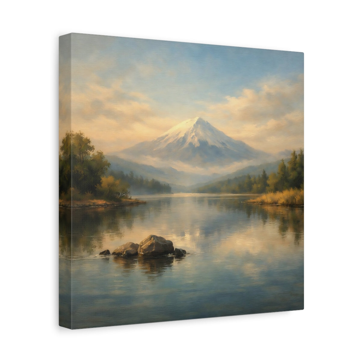 Side Mockup 8. Nature Snowy Mountain Blue And Gold shown as stretched canvas wall art