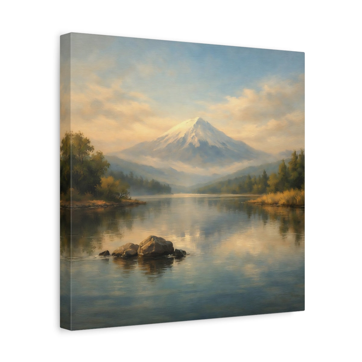 Side Mockup 7. Nature Snowy Mountain Blue And Gold shown as stretched canvas wall art