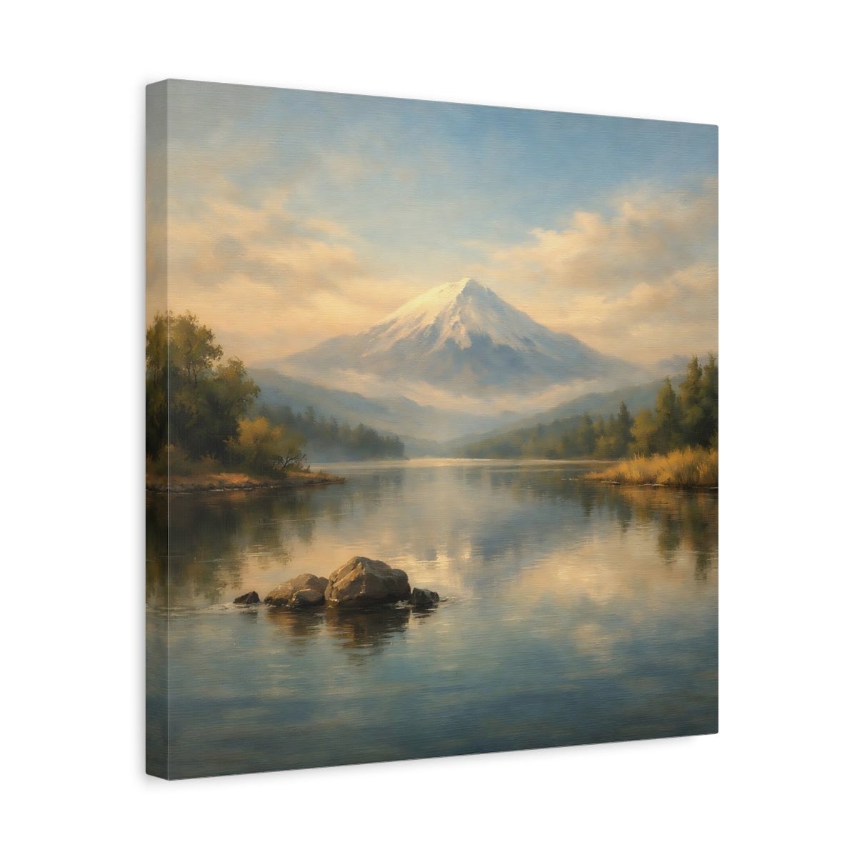 Side Mockup 6. Nature Snowy Mountain Blue And Gold shown as stretched canvas wall art