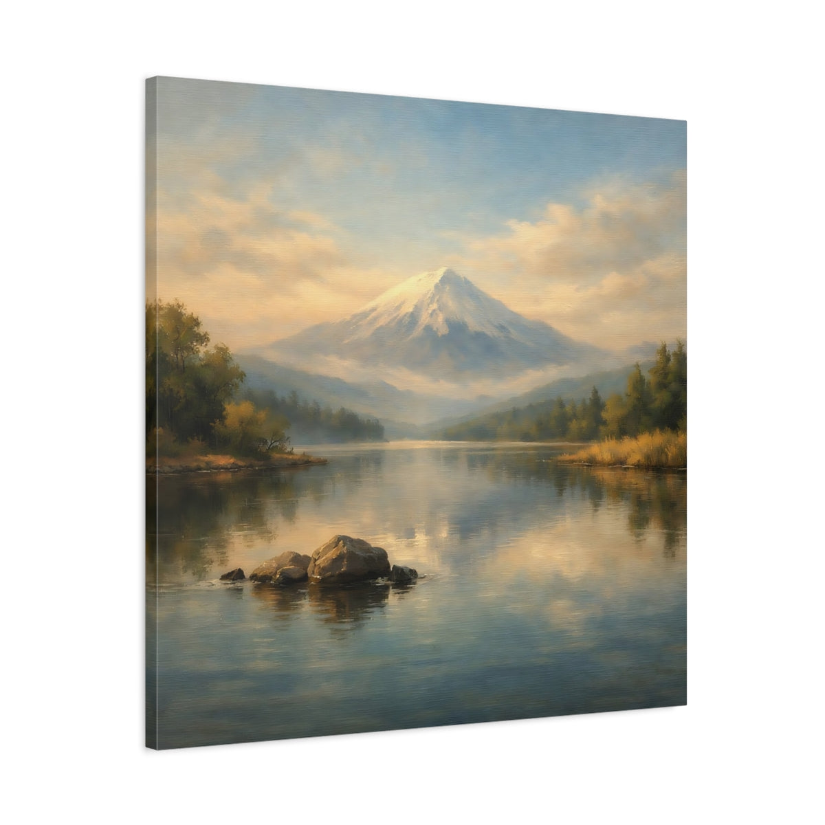 Side Mockup 3. Nature Snowy Mountain Blue And Gold shown as stretched canvas wall art