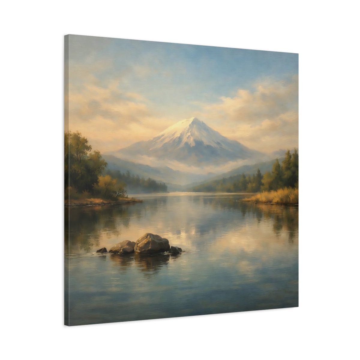 Side Mockup 2. Nature Snowy Mountain Blue And Gold shown as stretched canvas wall art