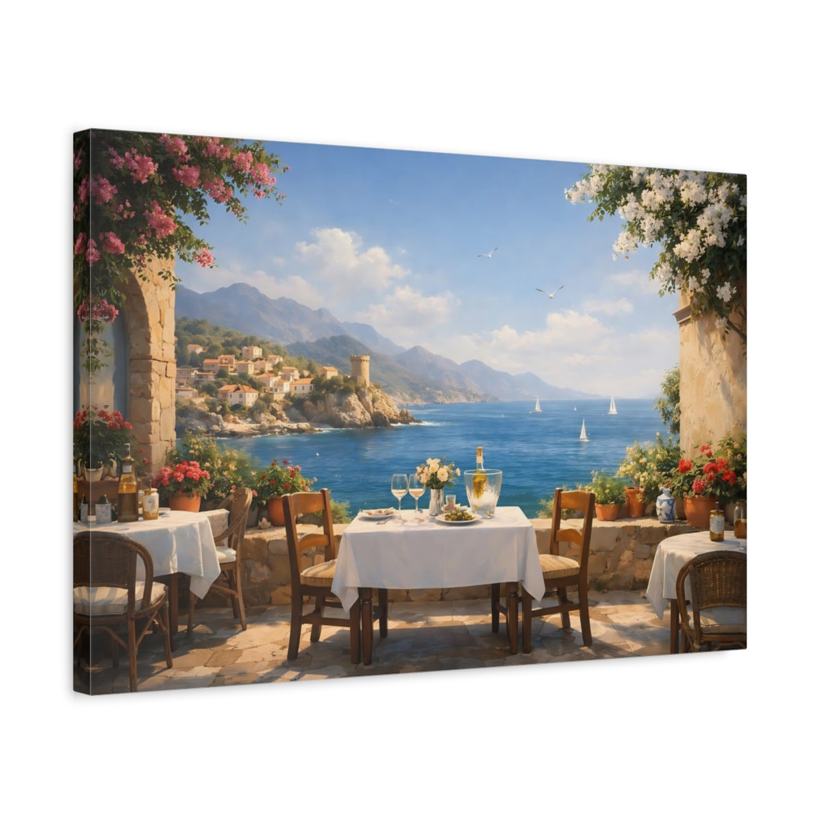 Seascape Mediterranean Cafe Terrace Coastal View Nature - Canvas Wall Art Print