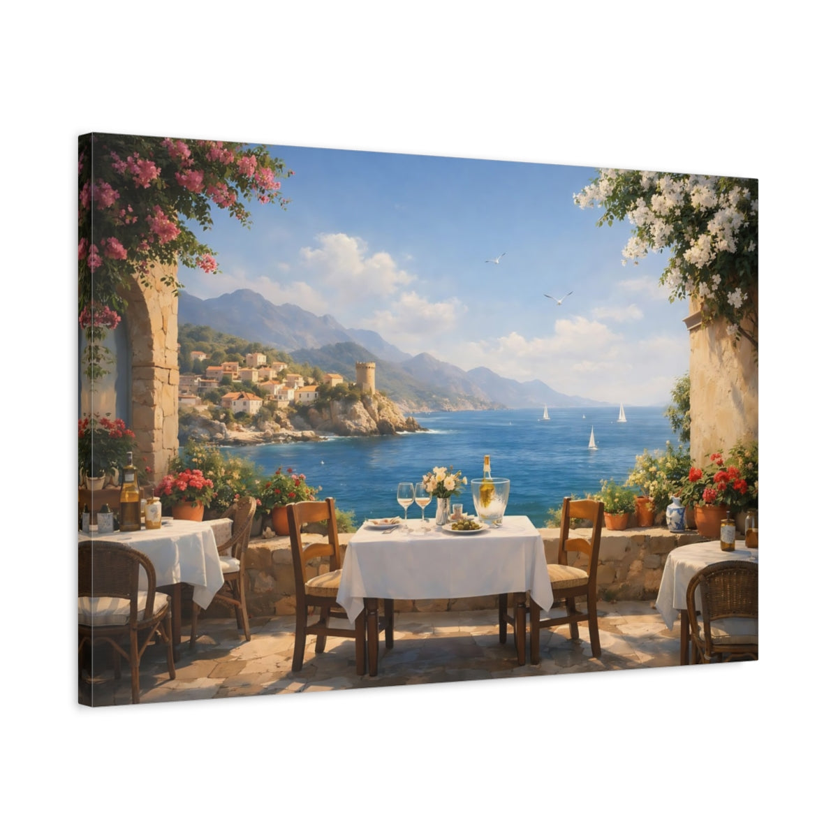 Seascape Mediterranean Cafe Terrace Coastal View Nature - Canvas Wall Art Print