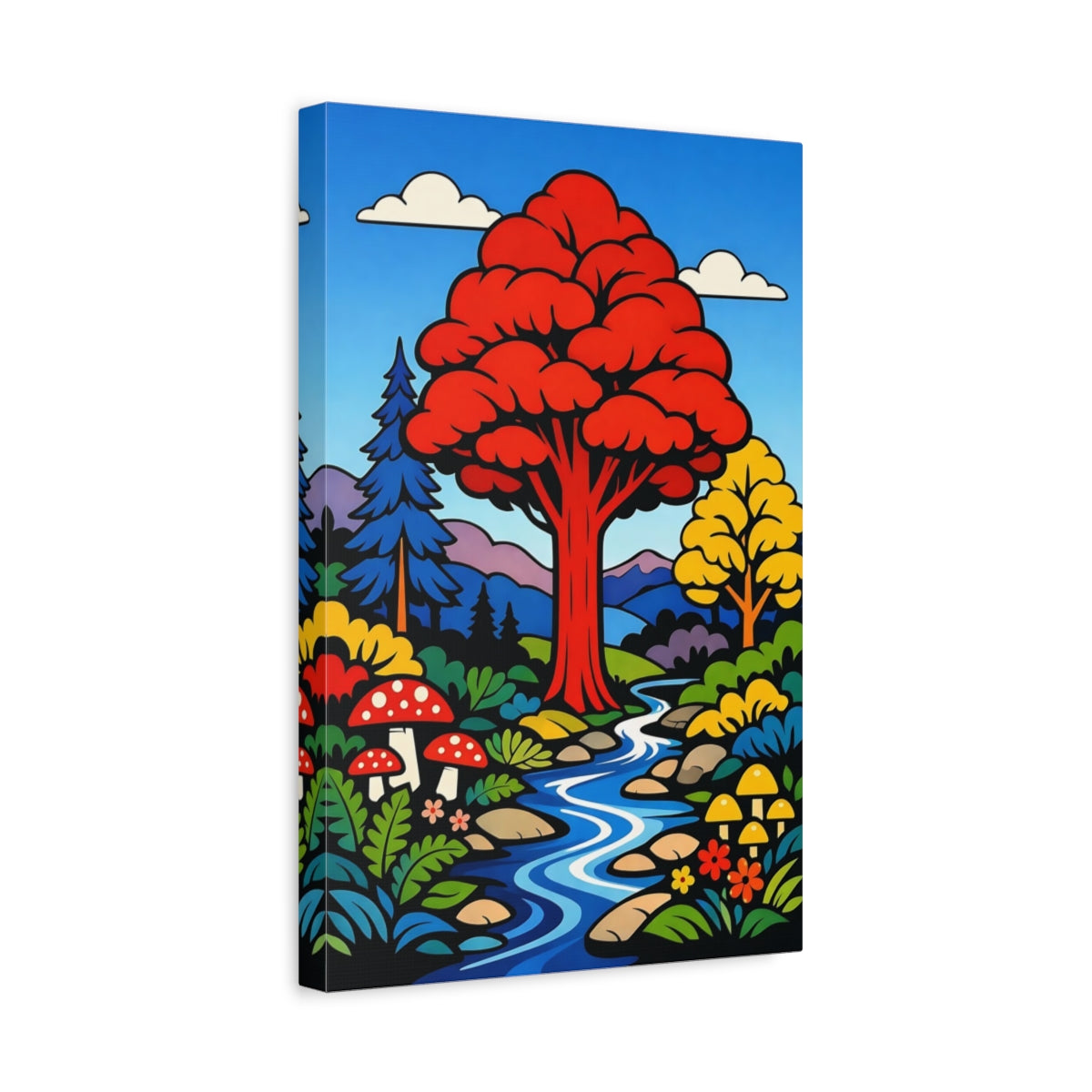 Side Mockup 4. Nature Forest Stream Vibrant Nature Scene shown as stretched canvas wall art