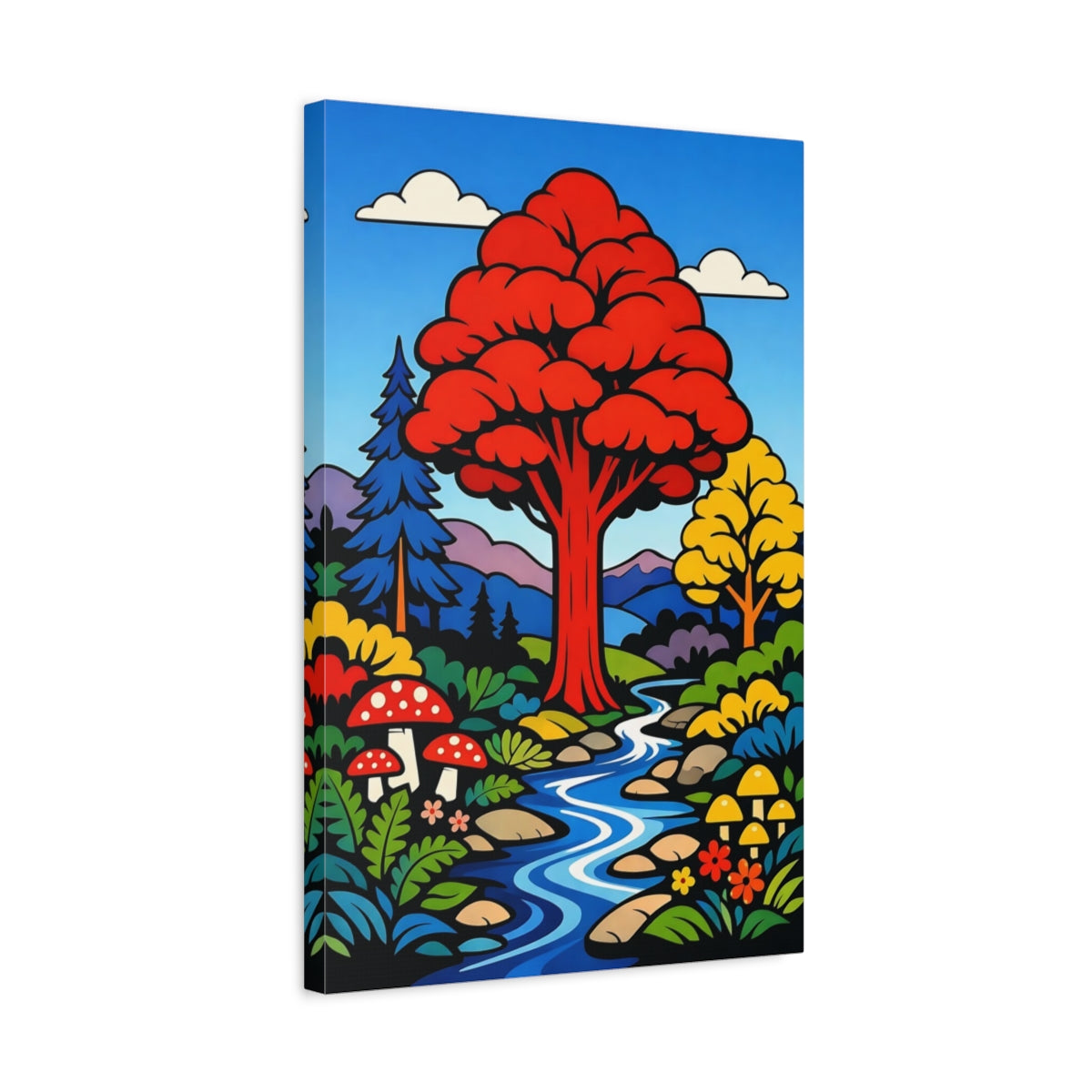 Side Mockup 3. Nature Forest Stream Vibrant Nature Scene shown as stretched canvas wall art
