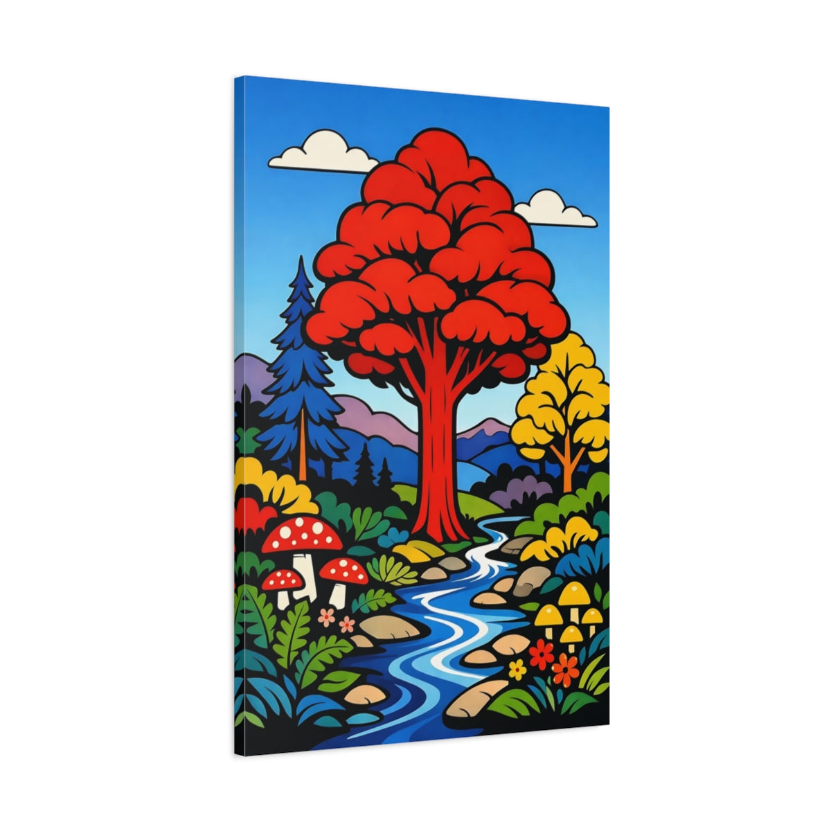 Side Mockup 1. Nature Forest Stream Vibrant Nature Scene shown as stretched canvas wall art
