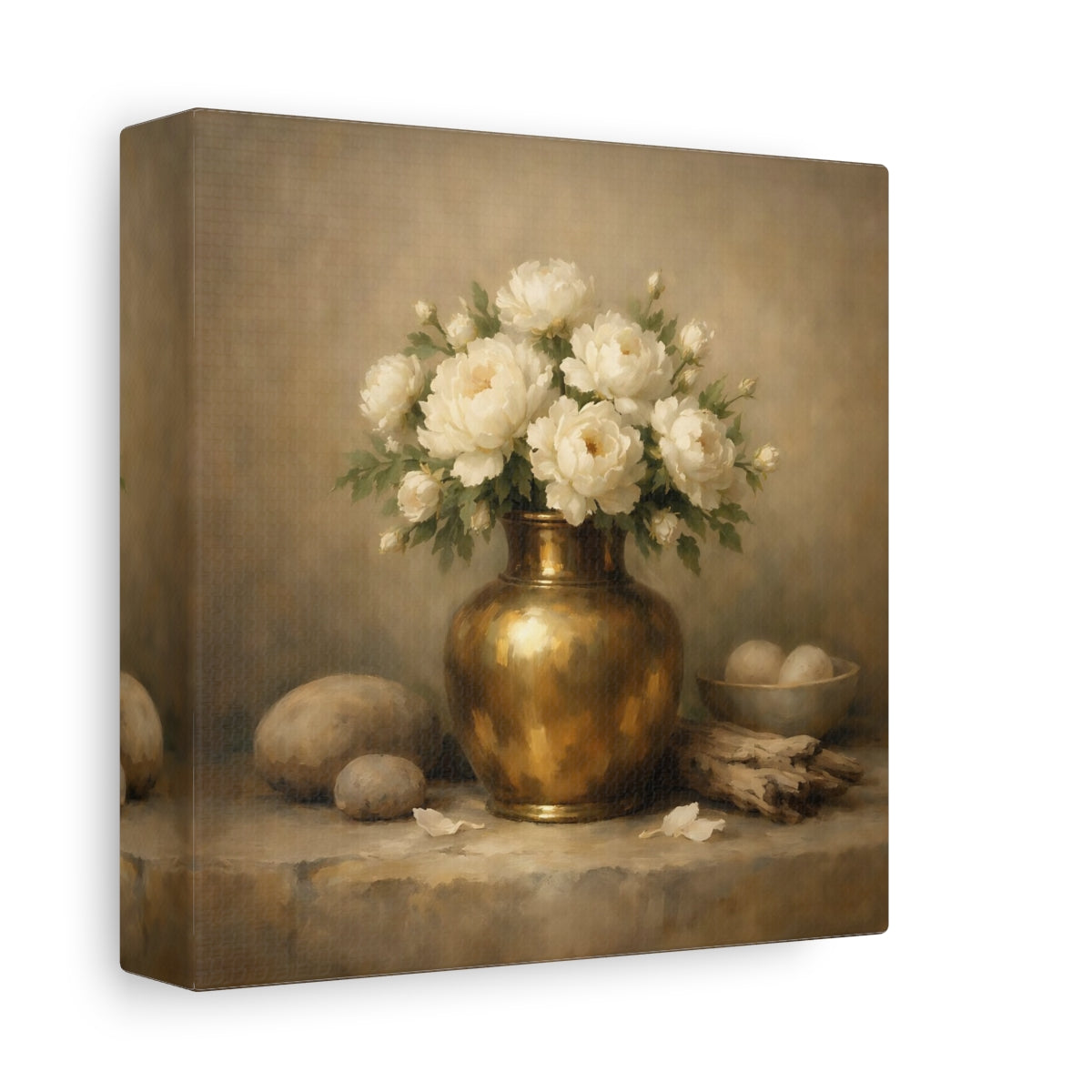 Side Mockup 1. Floral White Peonies Cream And Gold shown as stretched canvas wall art