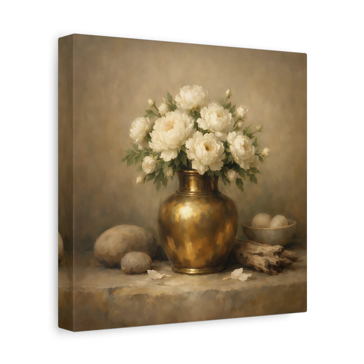 Side Mockup 9. Floral White Peonies Cream And Gold shown as stretched canvas wall art