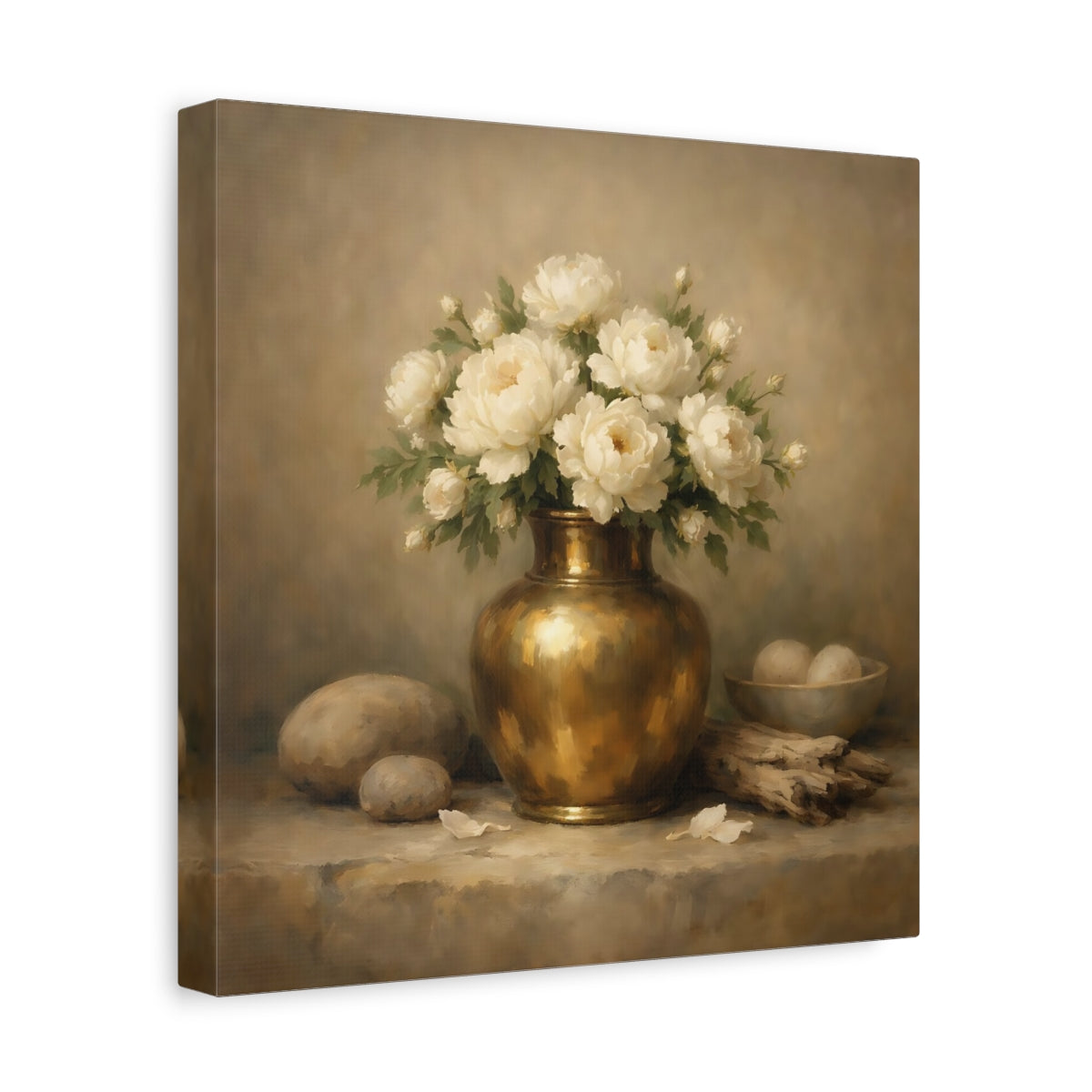 Side Mockup 8. Floral White Peonies Cream And Gold shown as stretched canvas wall art