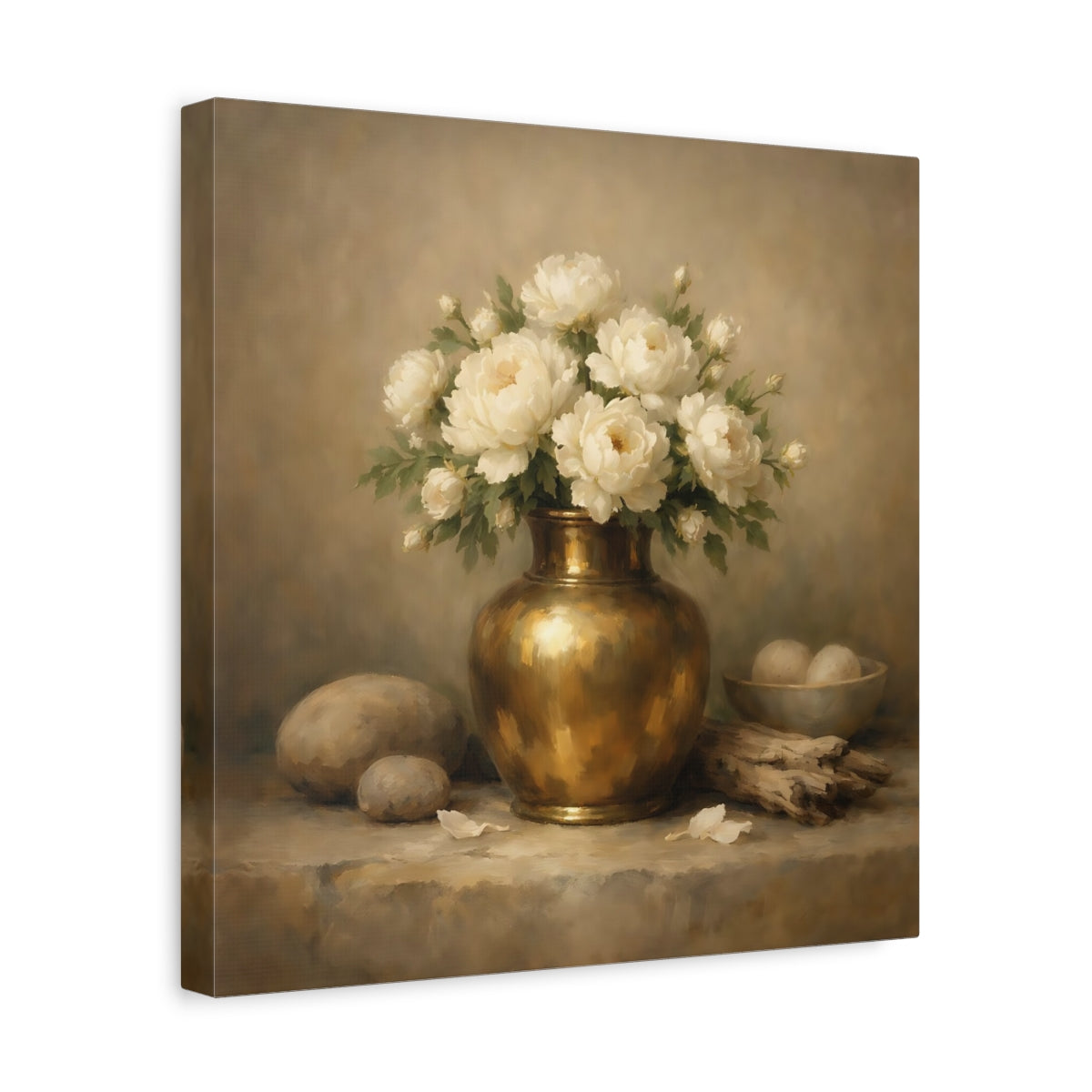 Side Mockup 7. Floral White Peonies Cream And Gold shown as stretched canvas wall art