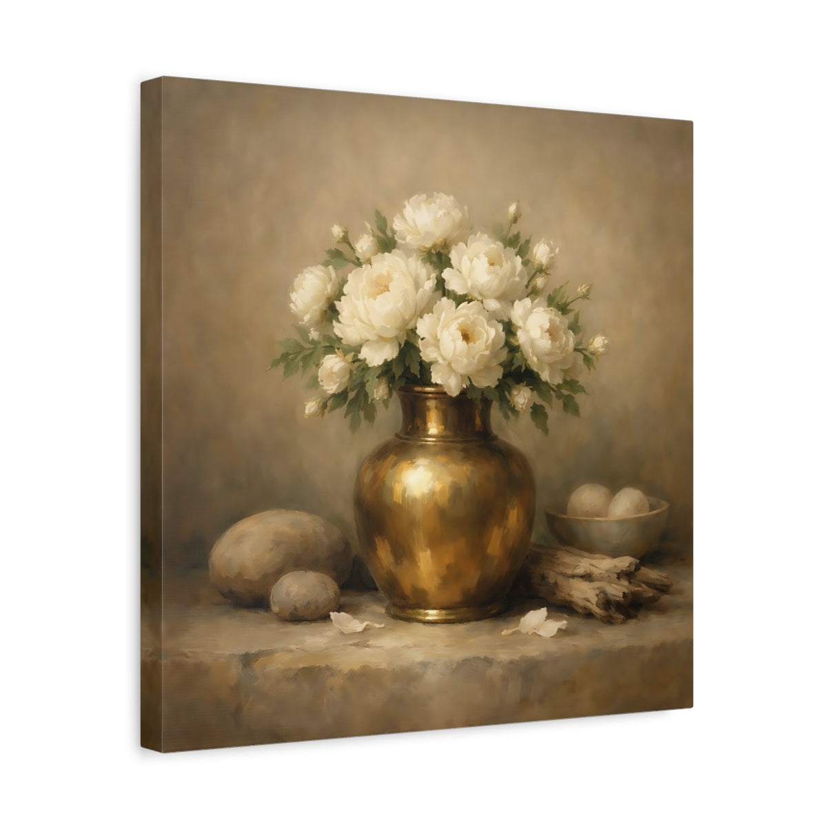 Side Mockup 6. Floral White Peonies Cream And Gold shown as stretched canvas wall art