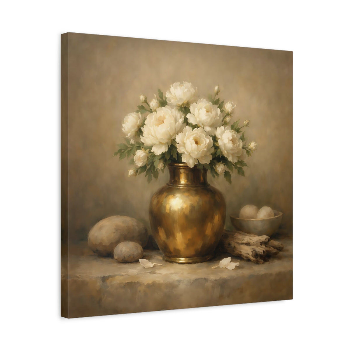 Side Mockup 5. Floral White Peonies Cream And Gold shown as stretched canvas wall art