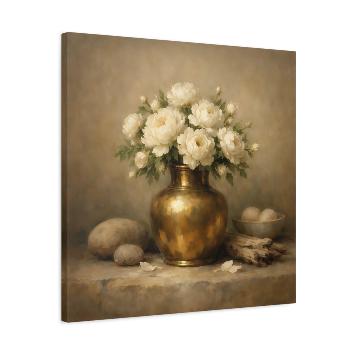 Side Mockup 4. Floral White Peonies Cream And Gold shown as stretched canvas wall art