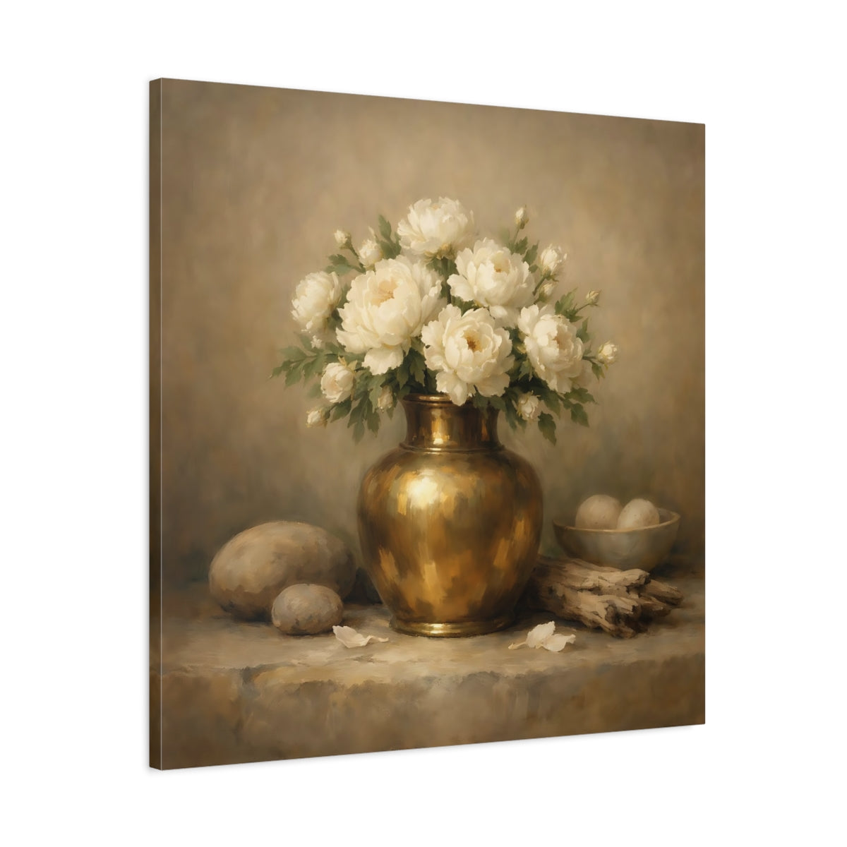 Side Mockup 3. Floral White Peonies Cream And Gold shown as stretched canvas wall art