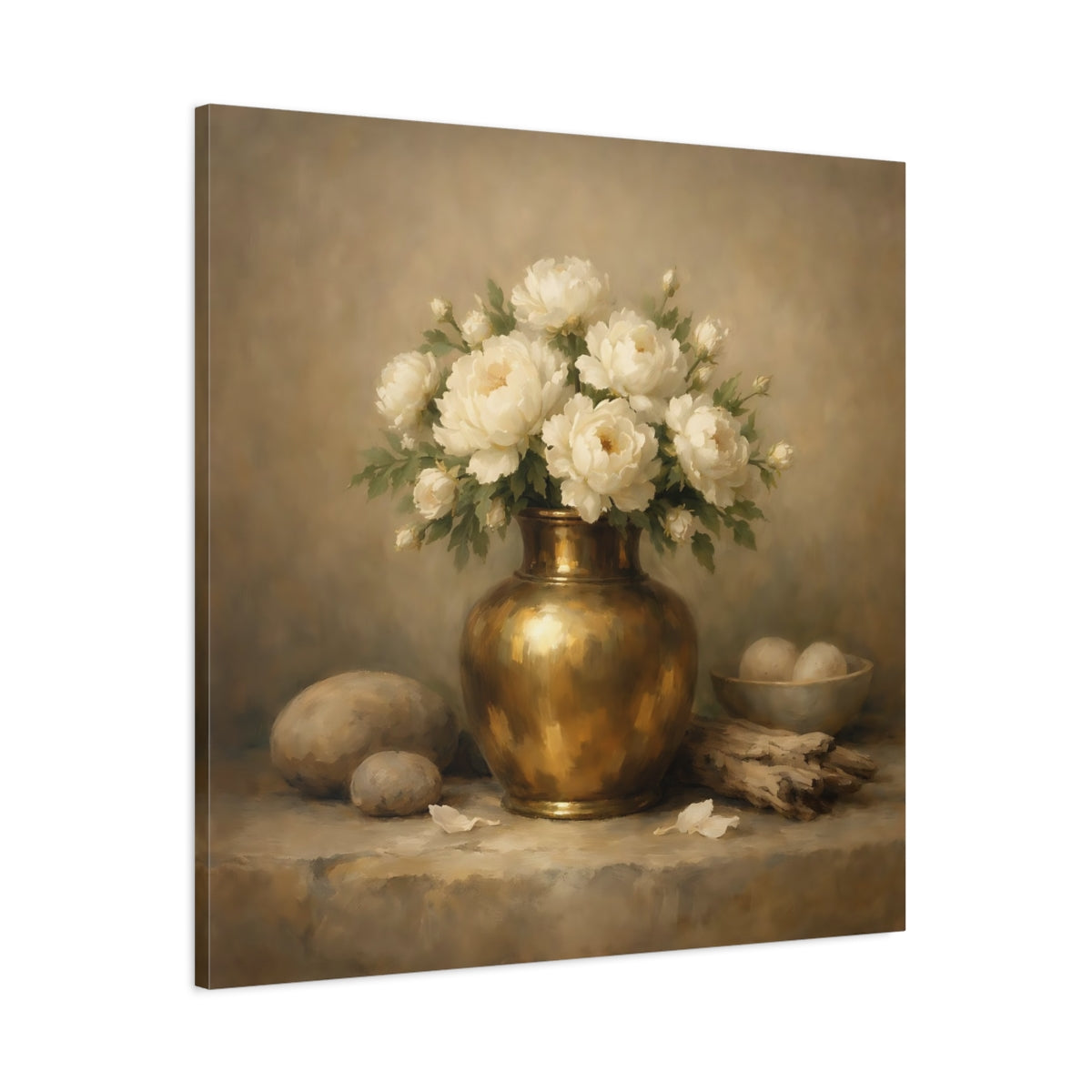 Side Mockup 2. Floral White Peonies Cream And Gold shown as stretched canvas wall art