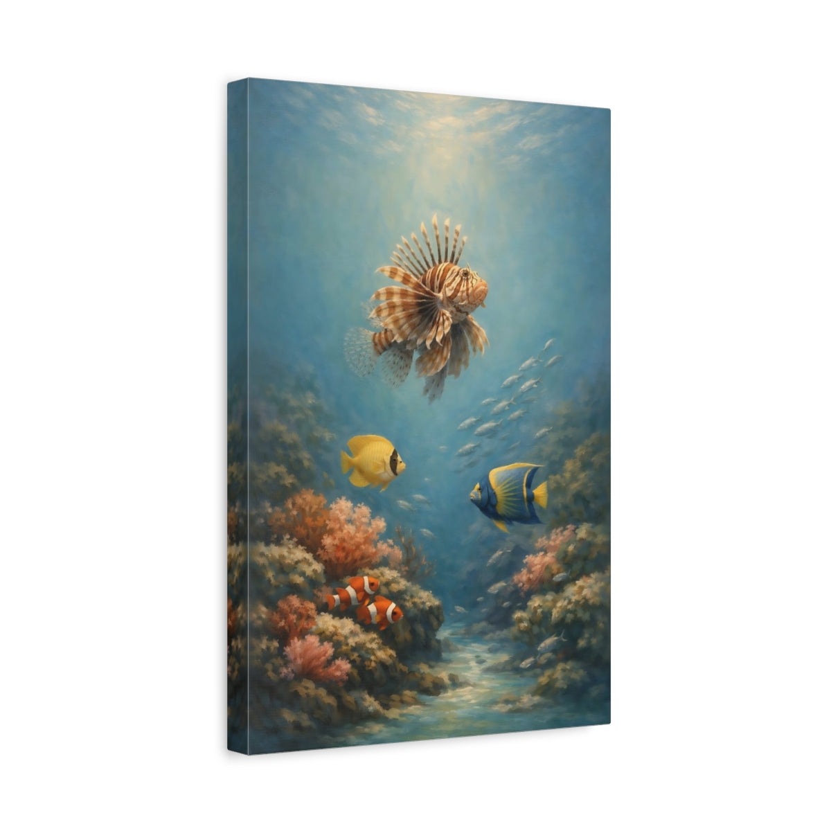 Side Mockup 4. Nature Lionfish, Coral Underwater Ocean shown as stretched canvas wall art