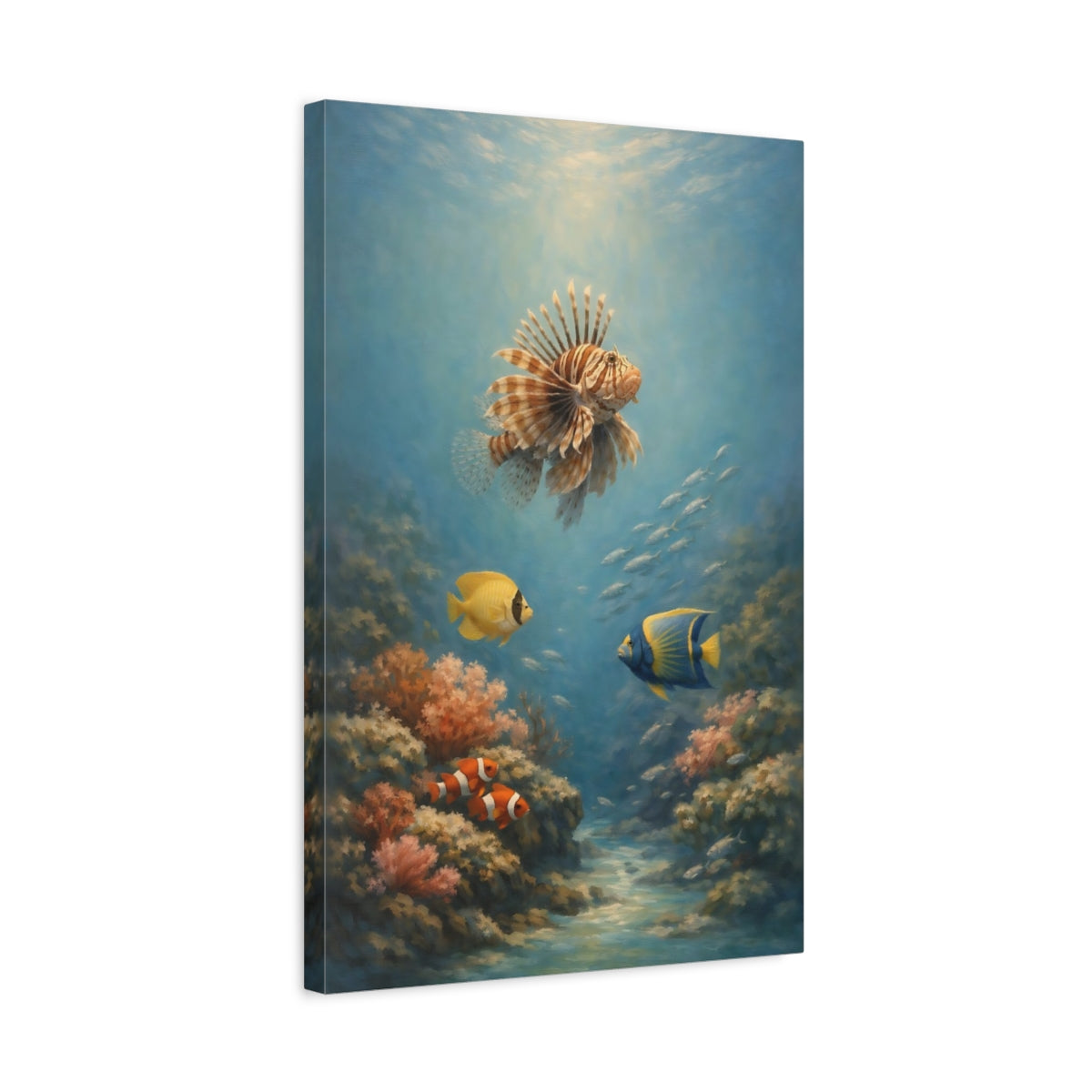 Side Mockup 3. Nature Lionfish, Coral Underwater Ocean shown as stretched canvas wall art