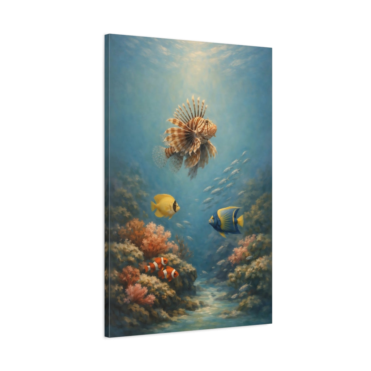 Side Mockup 1. Nature Lionfish, Coral Underwater Ocean shown as stretched canvas wall art