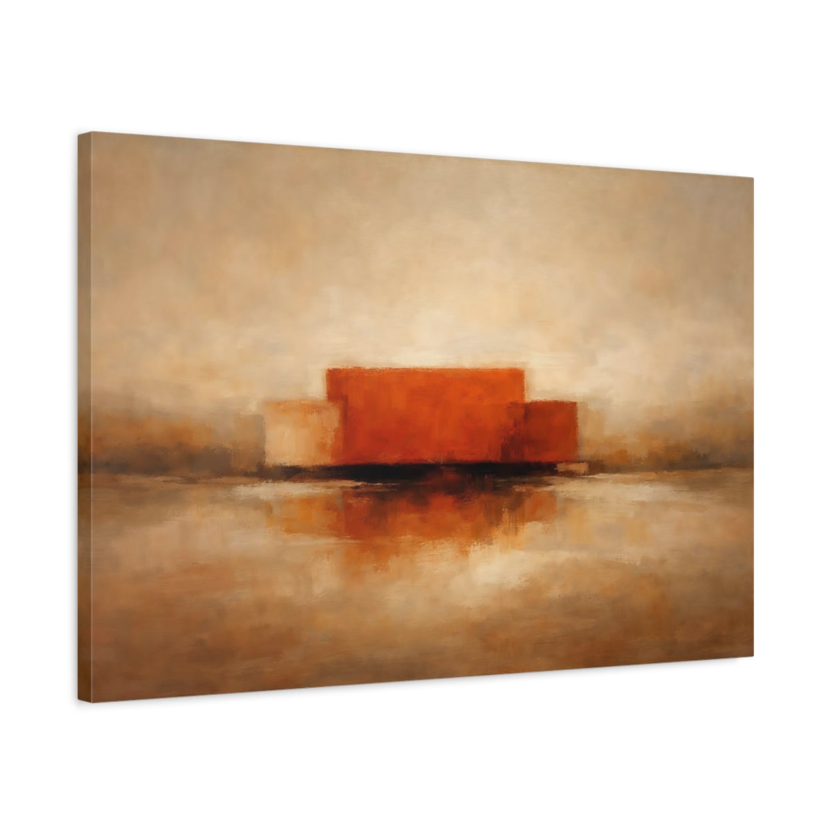 Side Mockup 2. Abstract Abstract Forms Orange And Brown shown as stretched canvas wall art
