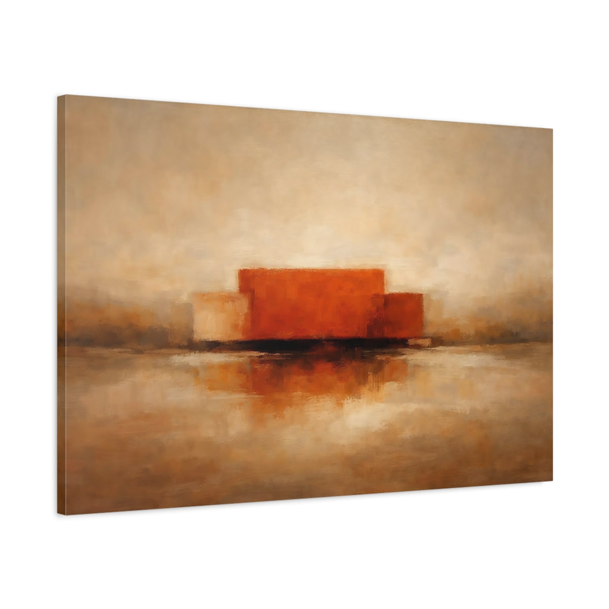 Side Mockup 1. Abstract Abstract Forms Orange And Brown shown as stretched canvas wall art