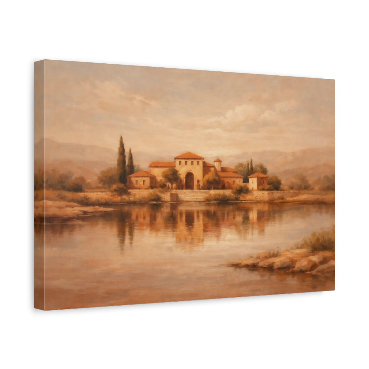Side Mockup 4. Nature Mediterranean Villa Sepia Landscape shown as stretched canvas wall art
