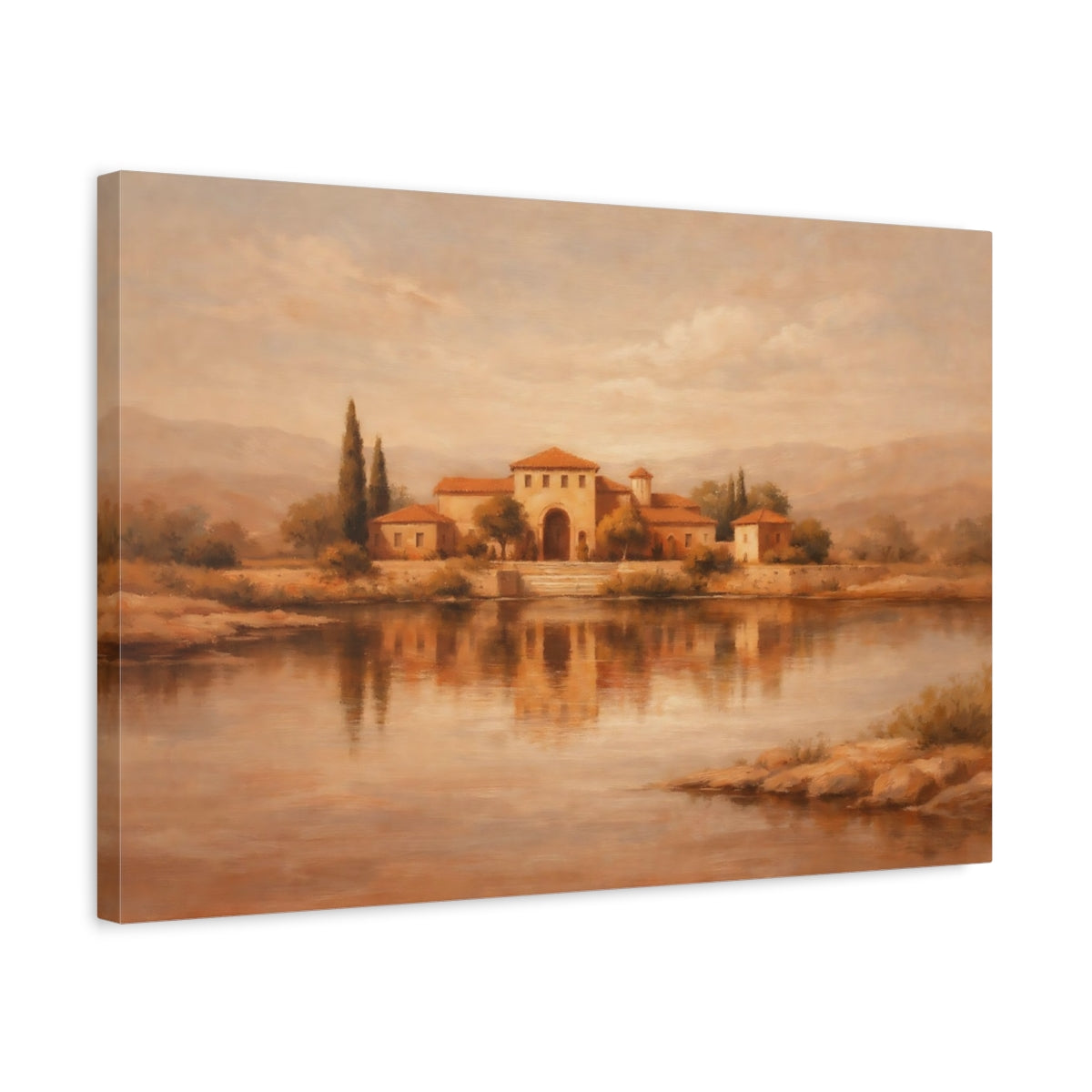 Side Mockup 3. Nature Mediterranean Villa Sepia Landscape shown as stretched canvas wall art