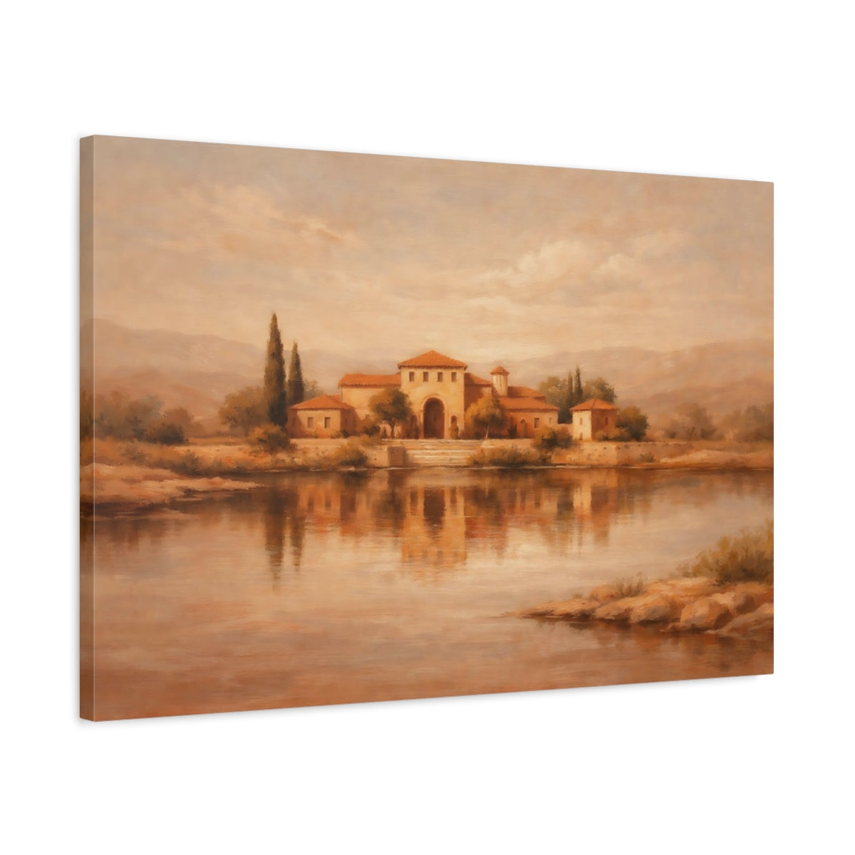 Side Mockup 2. Nature Mediterranean Villa Sepia Landscape shown as stretched canvas wall art
