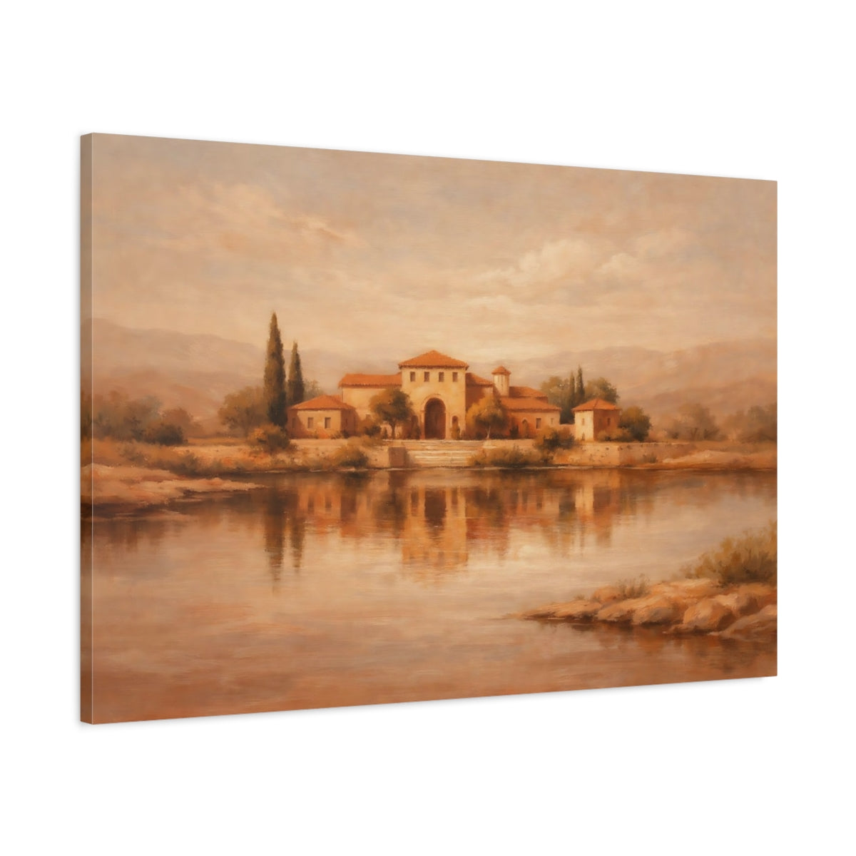 Side Mockup 1. Nature Mediterranean Villa Sepia Landscape shown as stretched canvas wall art