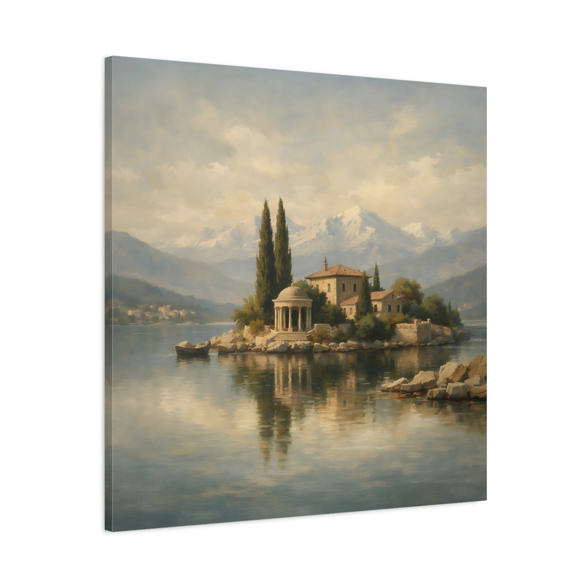 Side Mockup 2. Nature Island Villa Muted Landscape shown as stretched canvas wall art