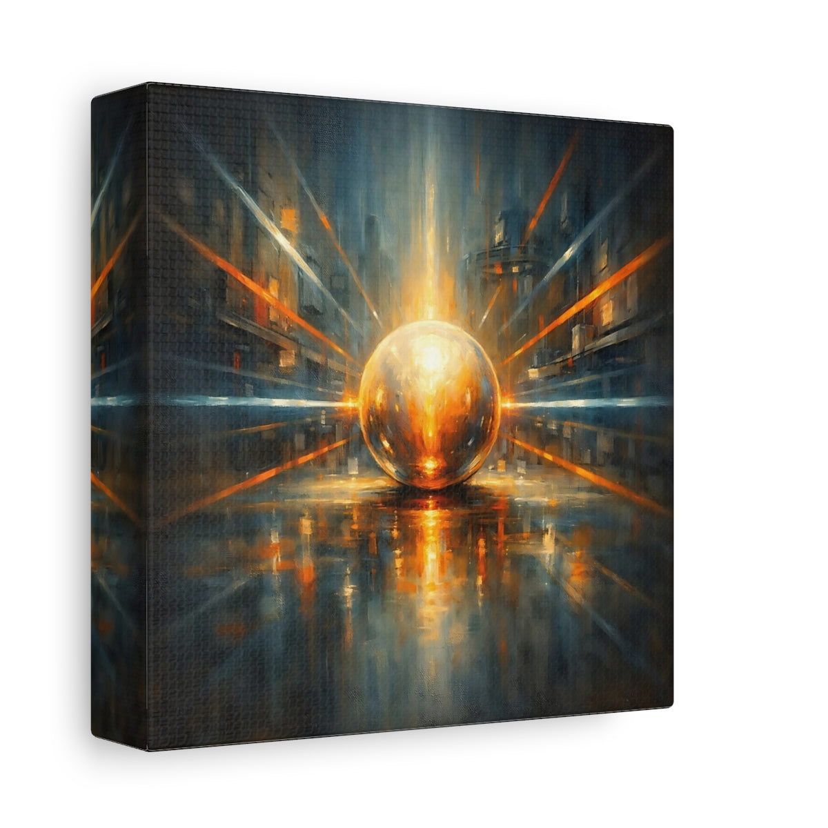 Side Mockup 1. Science Fiction Energy Orb Orange Blue Abstract shown as stretched canvas wall art