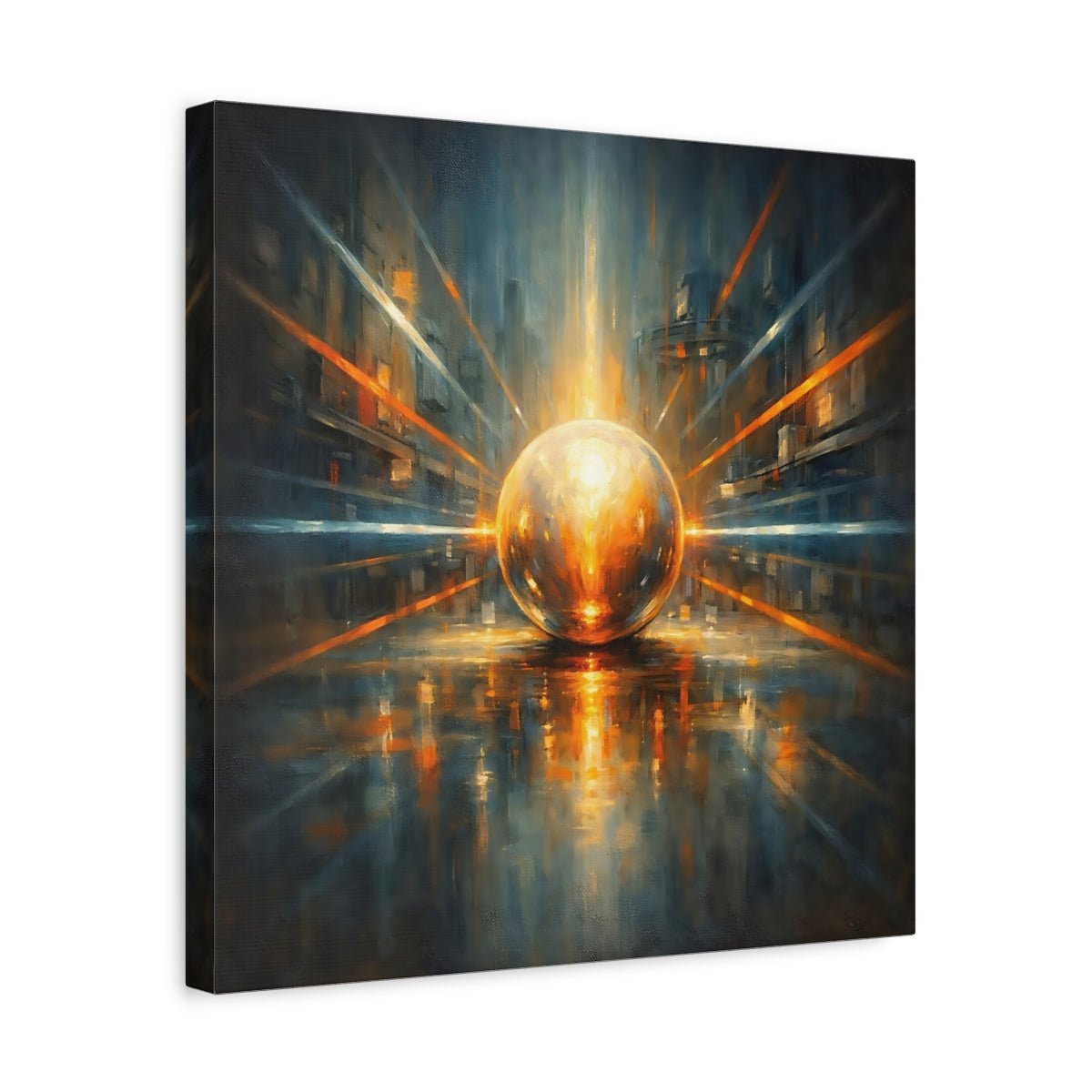Side Mockup 6. Science Fiction Energy Orb Orange Blue Abstract shown as stretched canvas wall art