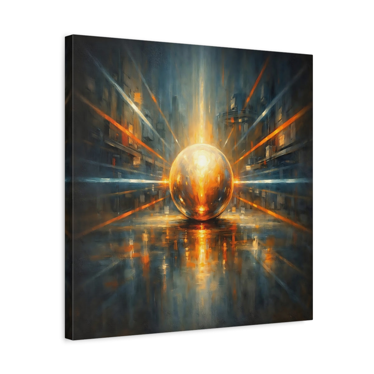 Side Mockup 5. Science Fiction Energy Orb Orange Blue Abstract shown as stretched canvas wall art