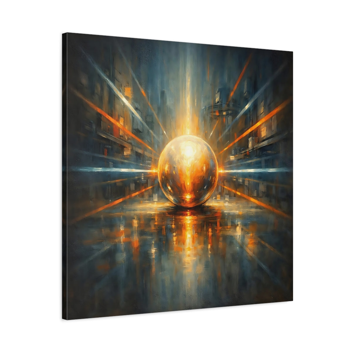 Side Mockup 3. Science Fiction Energy Orb Orange Blue Abstract shown as stretched canvas wall art